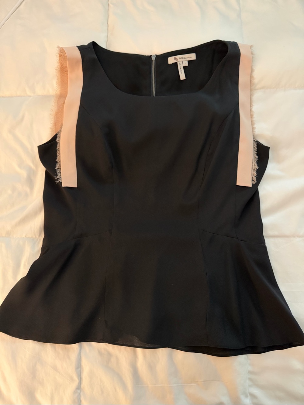 BCBG Large Black Sleeveless Peplum Top with Kahki Fringe Arm Trim & Back Zip.
